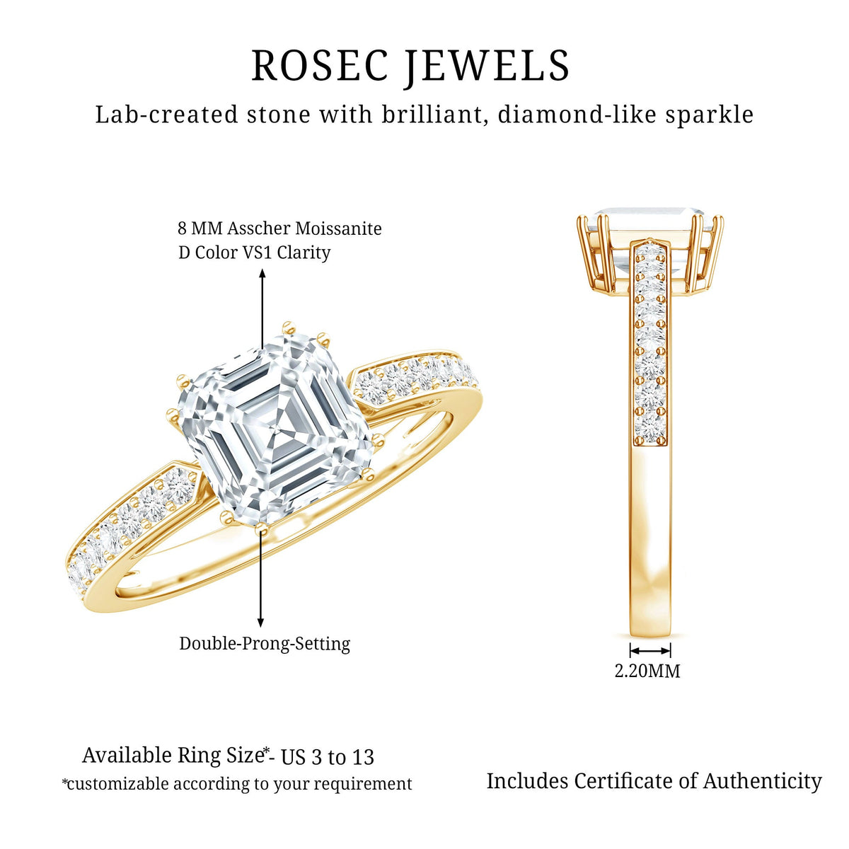 3 Carat Asscher Cut Moissanite Solitaire Engagement Ring with Side Stones