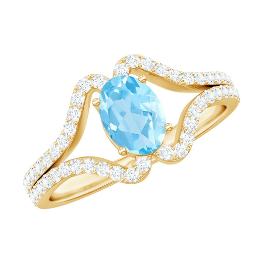 Designer Aquamarine Diamond Oval Engagement Ring with Split Shank