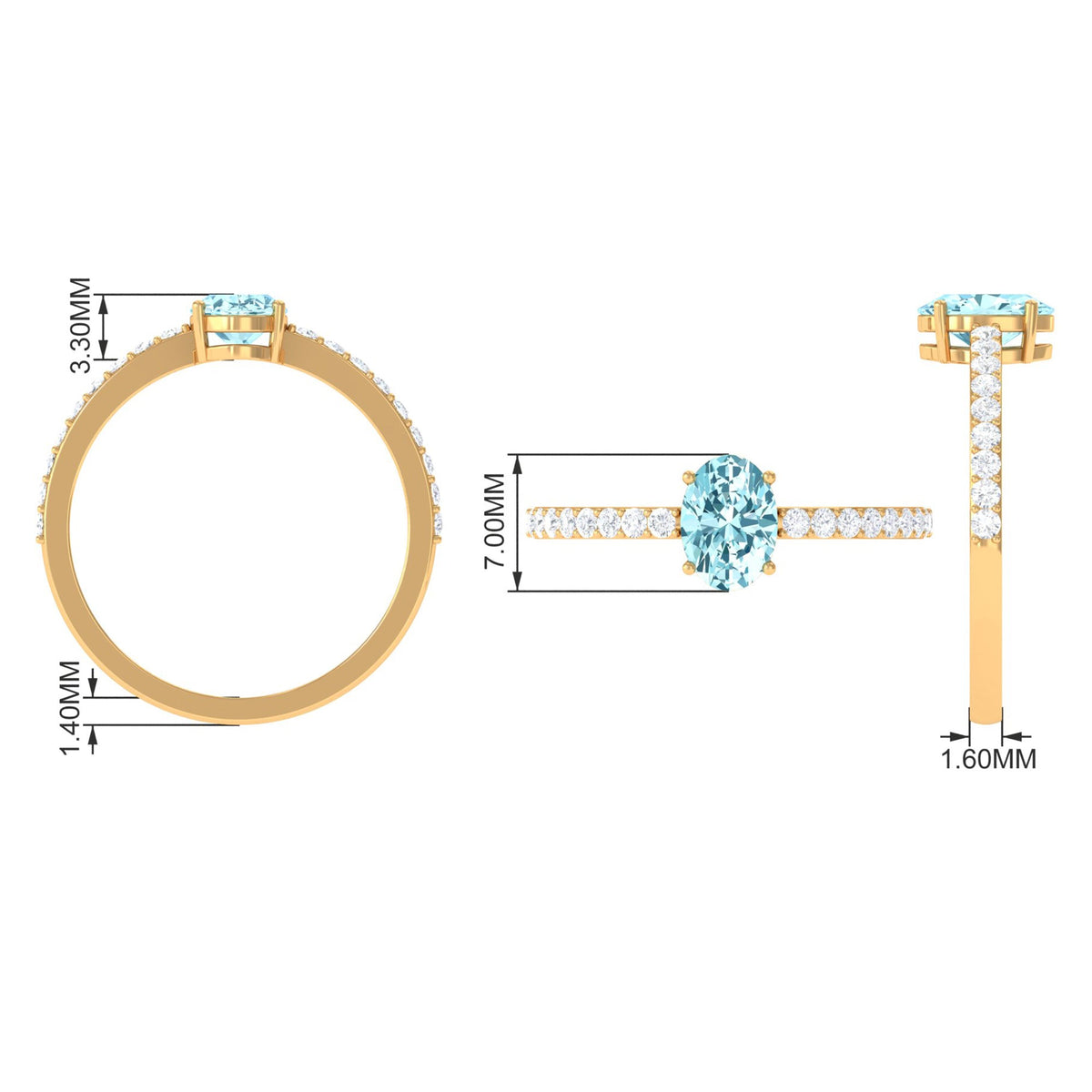 Genuine 1 Carat Solitaire Aquamarine Oval Engagement Ring with Diamond