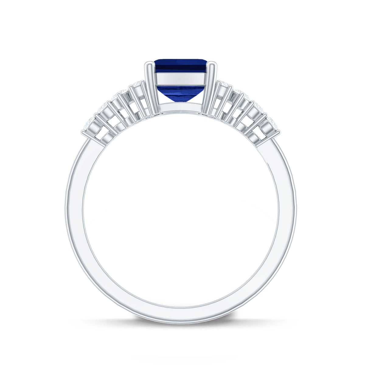 1.7 Carat Emerald Cut Lab Created Blue Sapphire Vintage Inspired Engagement Ring with Diamond