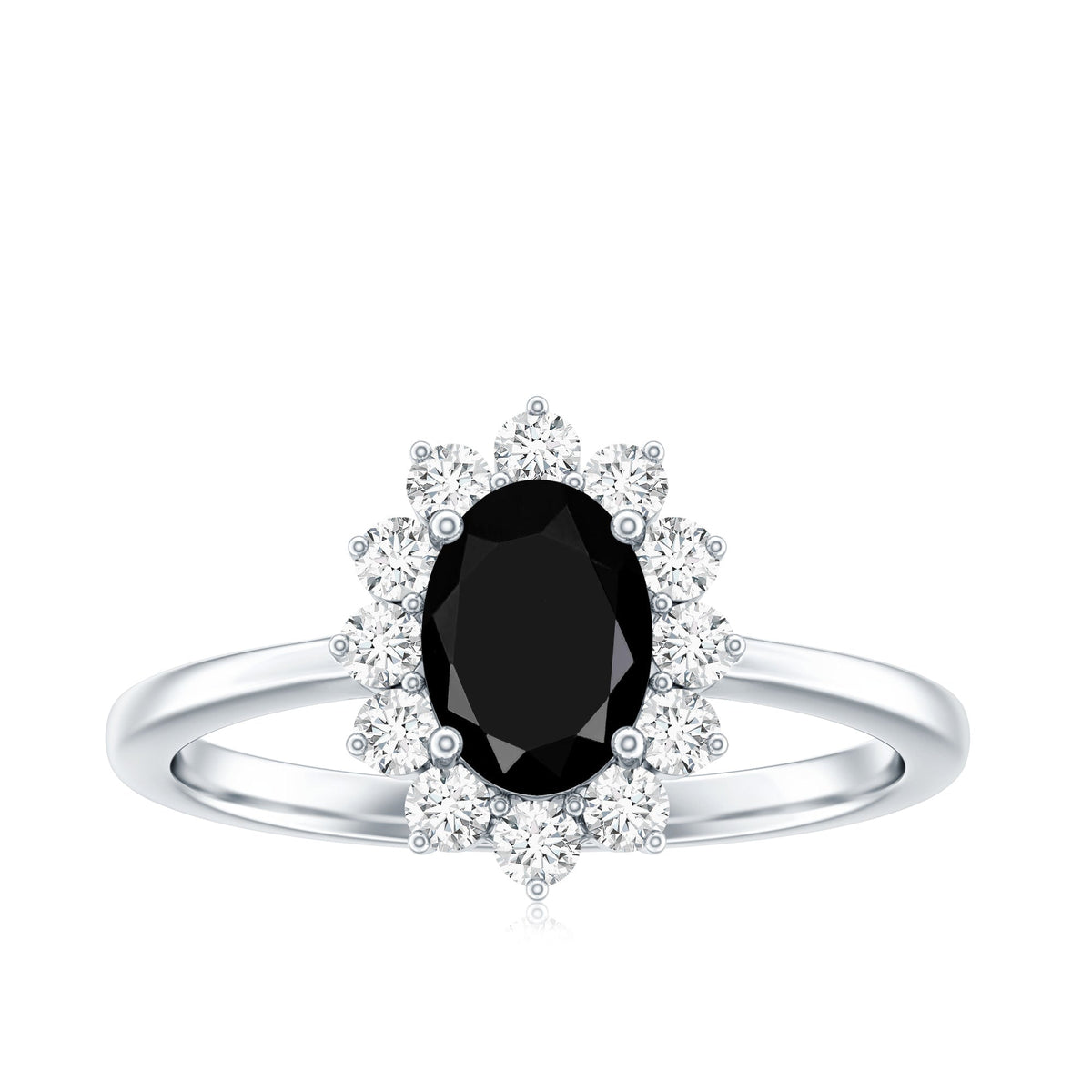 1.9 Carat Lab Grown Black Diamond Oval Engagement Ring with White Diamond Halo