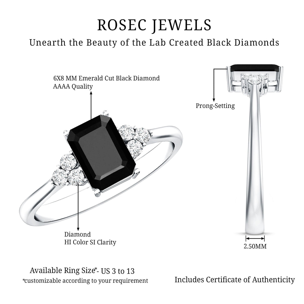 1.6 Carat Lab Grown Black Diamond Emerald Cut Engagement Ring with White Diamond