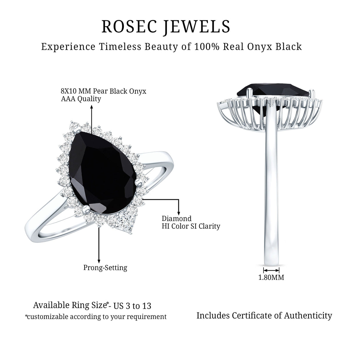 2 Carat Pear Shaped Black Onyx Engagement Ring with Diamond Halo
