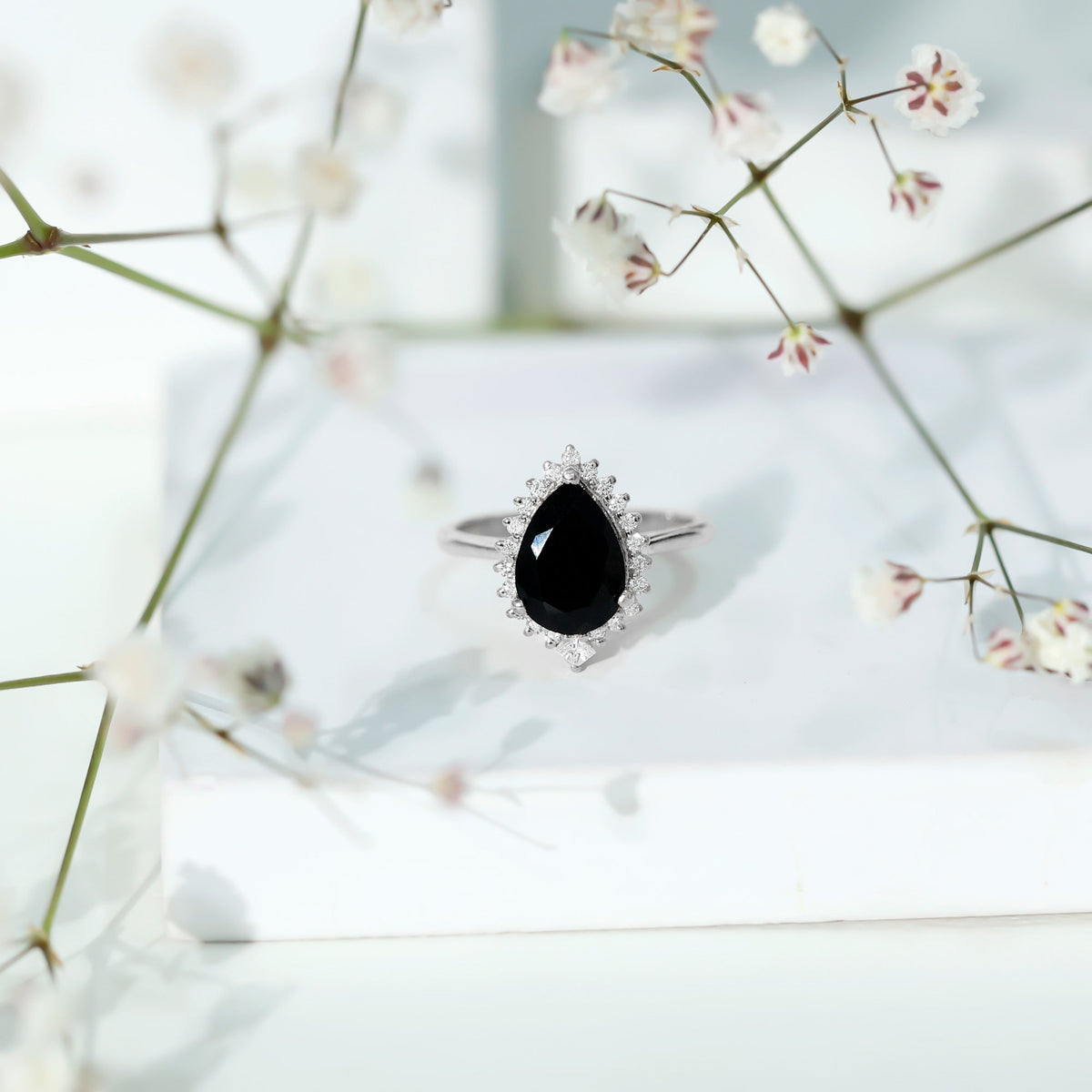 2 Carat Pear Shaped Black Onyx Engagement Ring with Diamond Halo