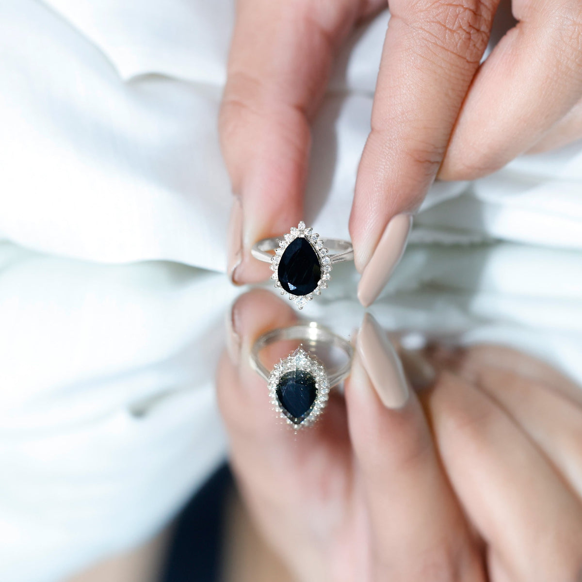 2 Carat Pear Shaped Black Onyx Engagement Ring with Diamond Halo