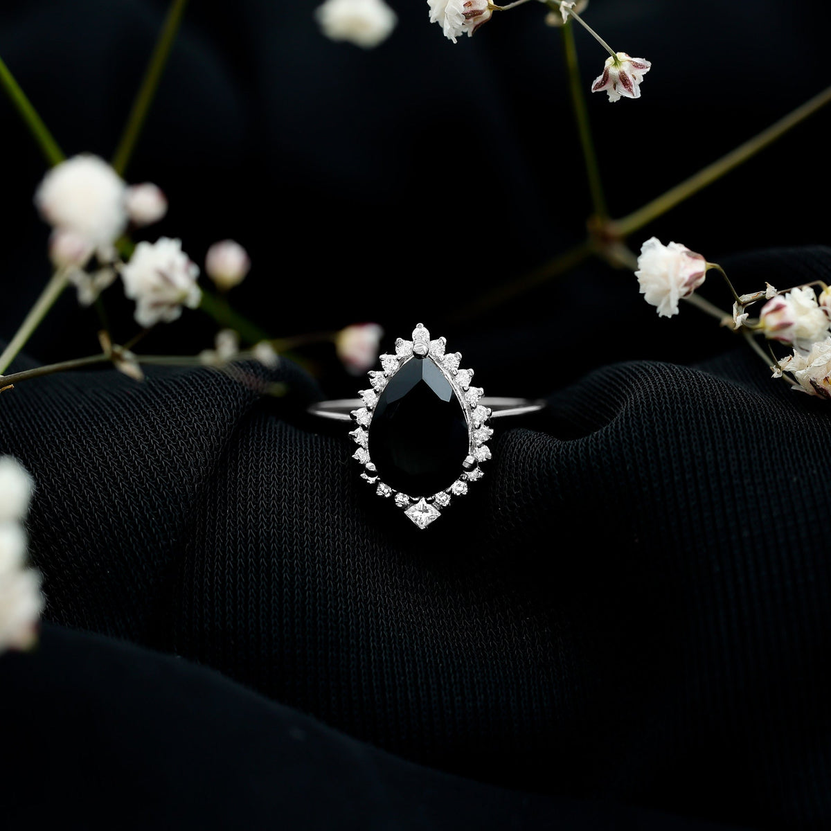 2 Carat Pear Shaped Black Onyx Engagement Ring with Diamond Halo