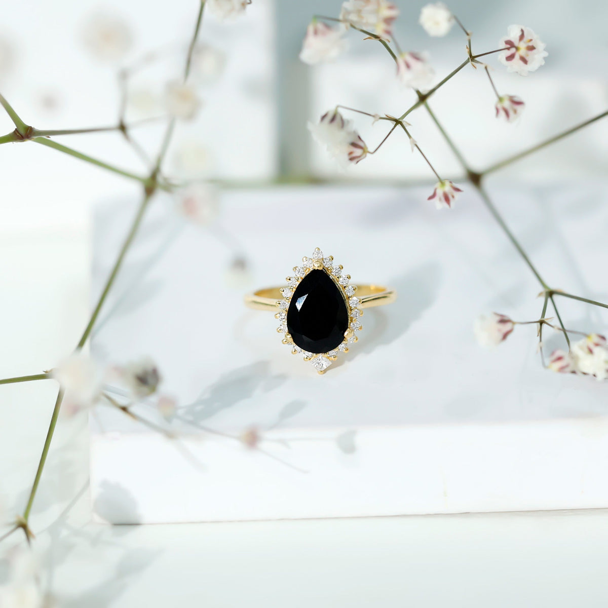 2 Carat Pear Shaped Black Onyx Engagement Ring with Diamond Halo