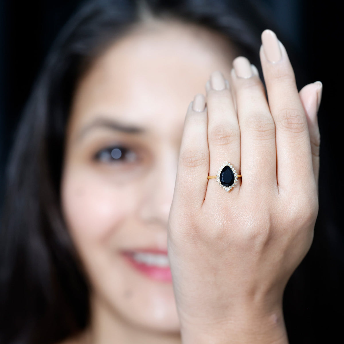 2 Carat Pear Shaped Black Onyx Engagement Ring with Diamond Halo