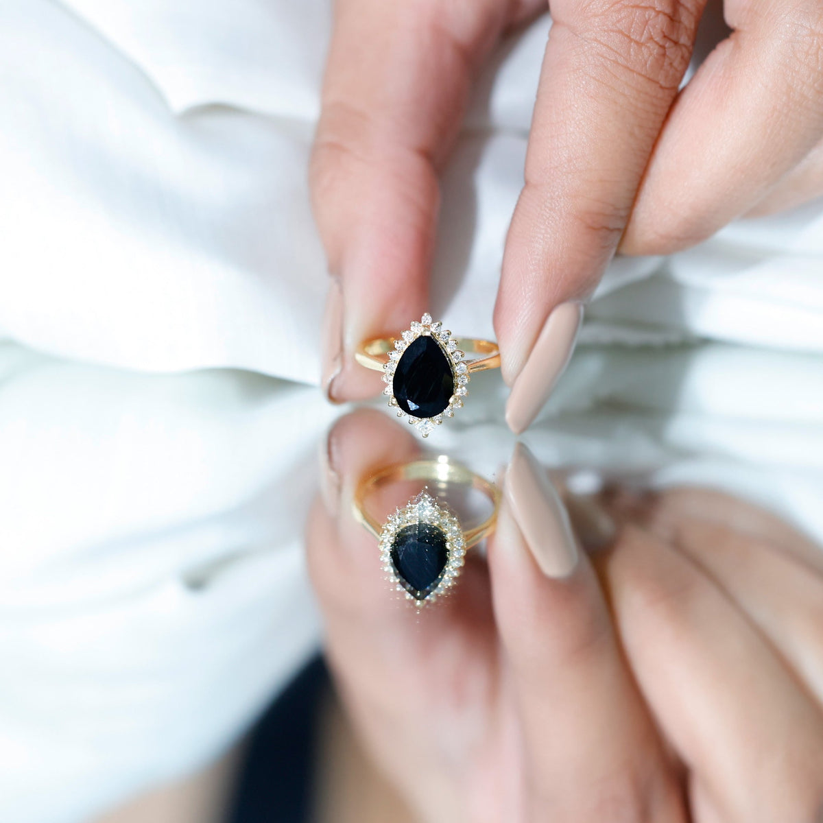 2 Carat Pear Shaped Black Onyx Engagement Ring with Diamond Halo