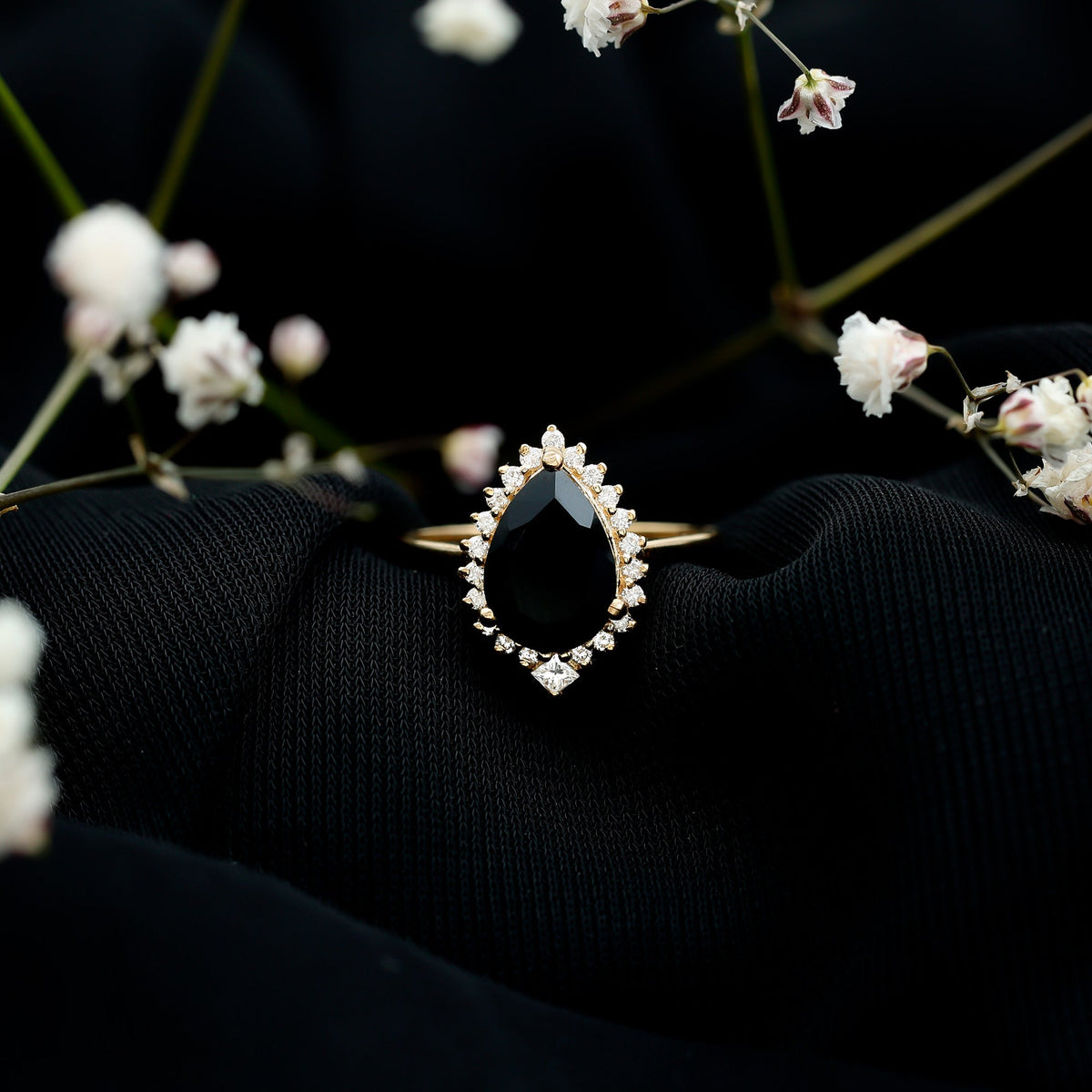 2 Carat Pear Shaped Black Onyx Engagement Ring with Diamond Halo