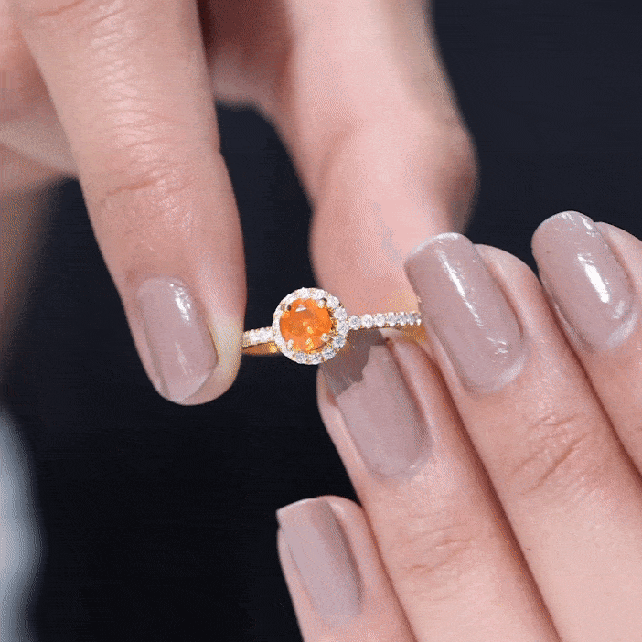 Round Shape Fire Opal Halo Engagement Ring with Diamond