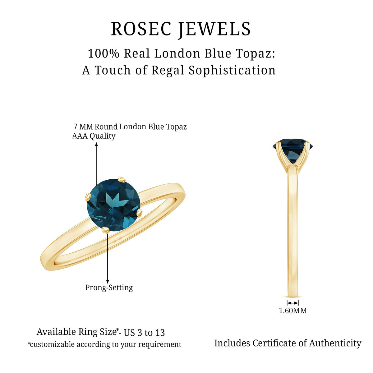 1.3 Carat Round London Blue Topaz Solitaire Ring With Certificate