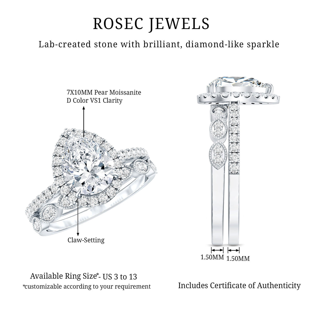 Certified Moissanite Teardrop Engagement Ring Set