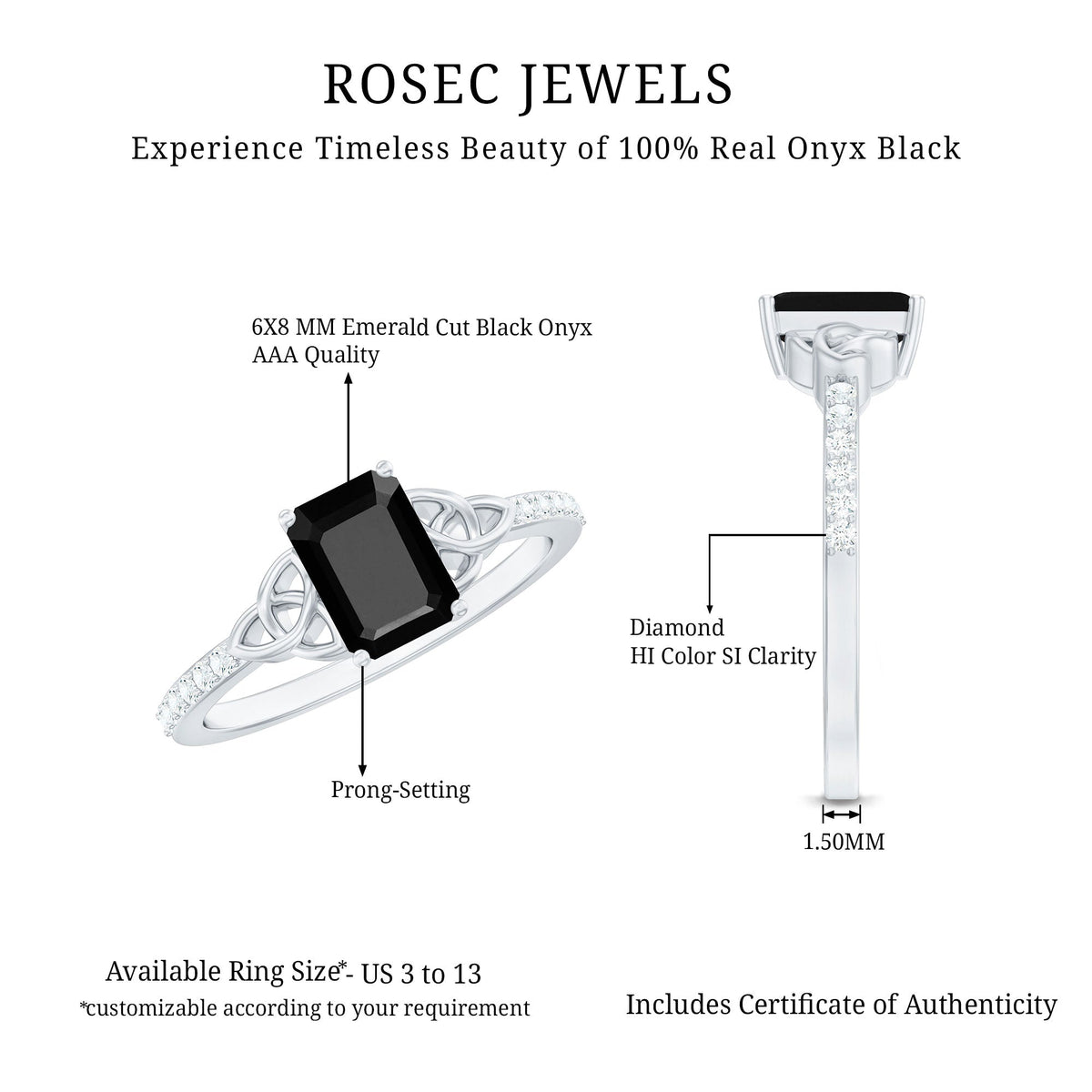 1.8 Carat Emerald Cut Black Onyx Celtic Engagement Ring with Diamond
