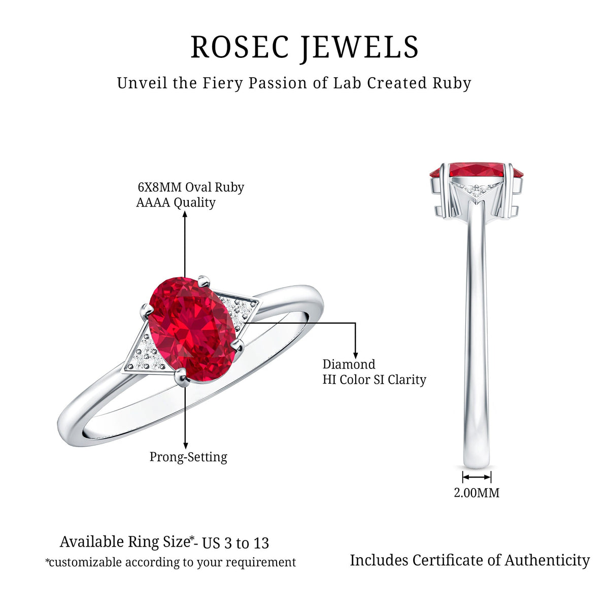 1.5 Carat Oval Lab Created Ruby Solitaire Ring with Diamonds