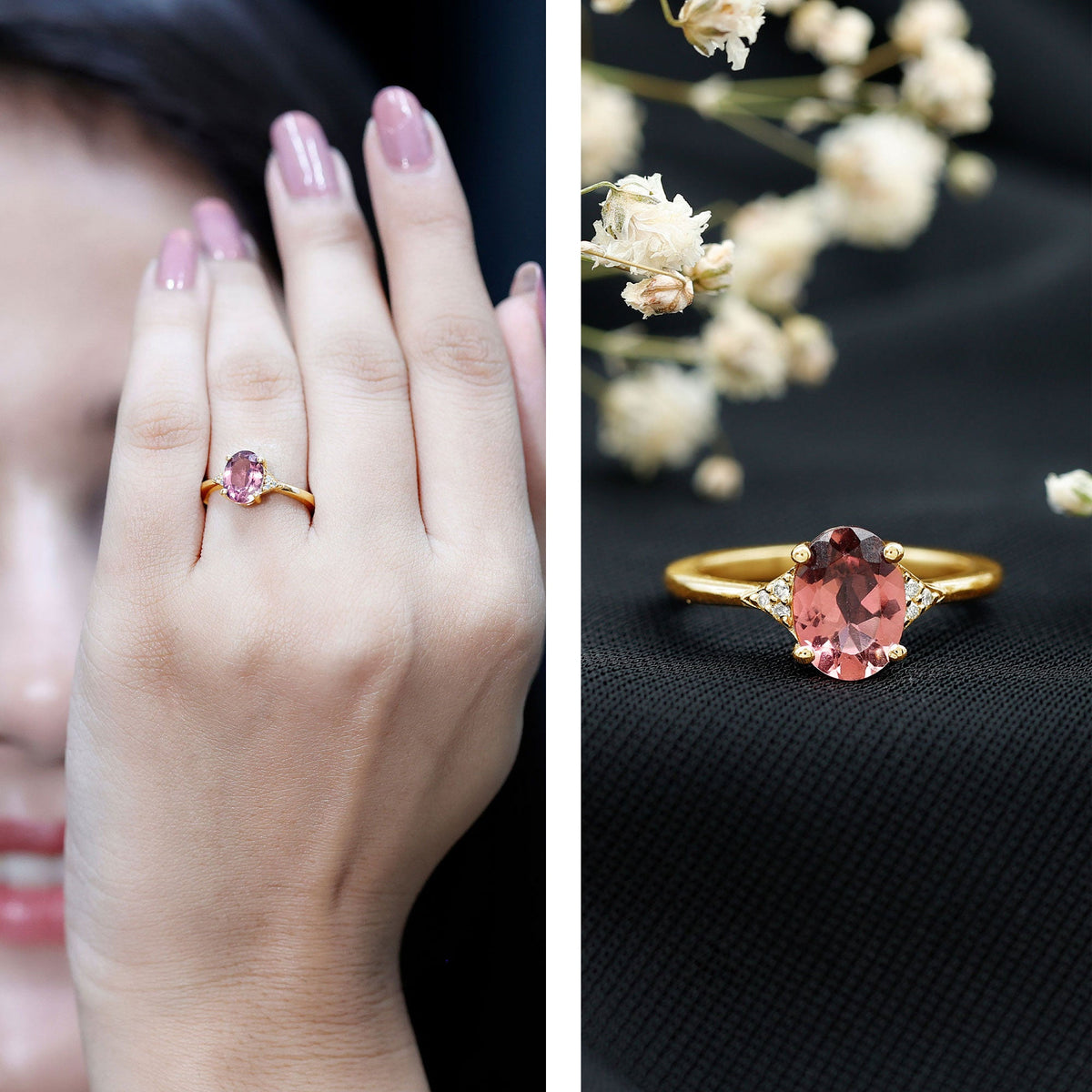 1 Carat Pink Tourmaline Oval Engagement Ring with Diamond