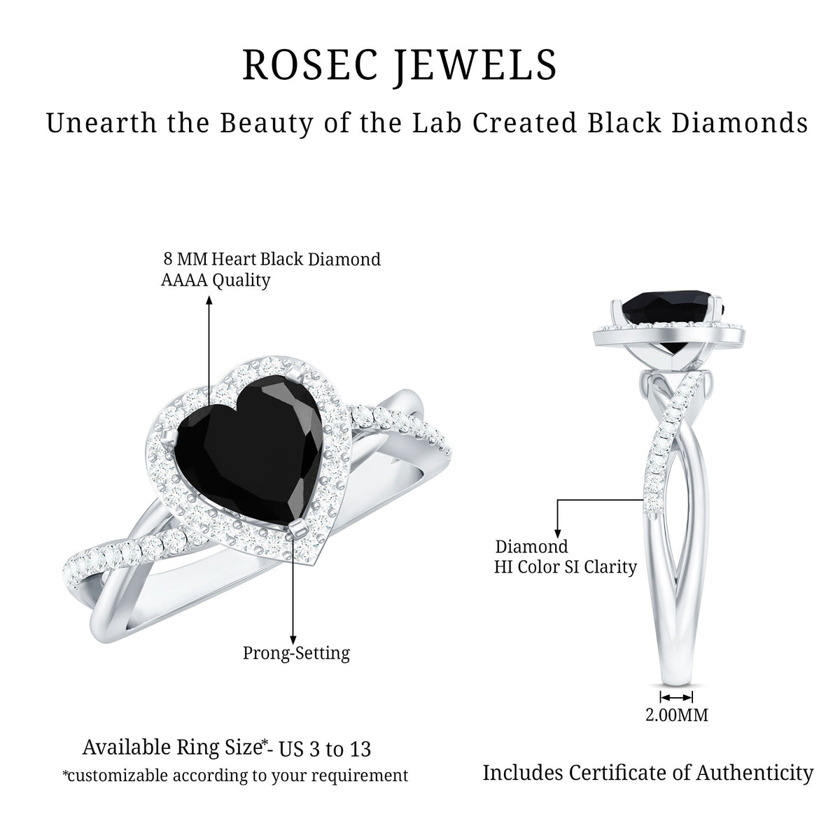 2.4 Carat Lab Grown Black and White Diamond Heart Engagement Ring with Halo