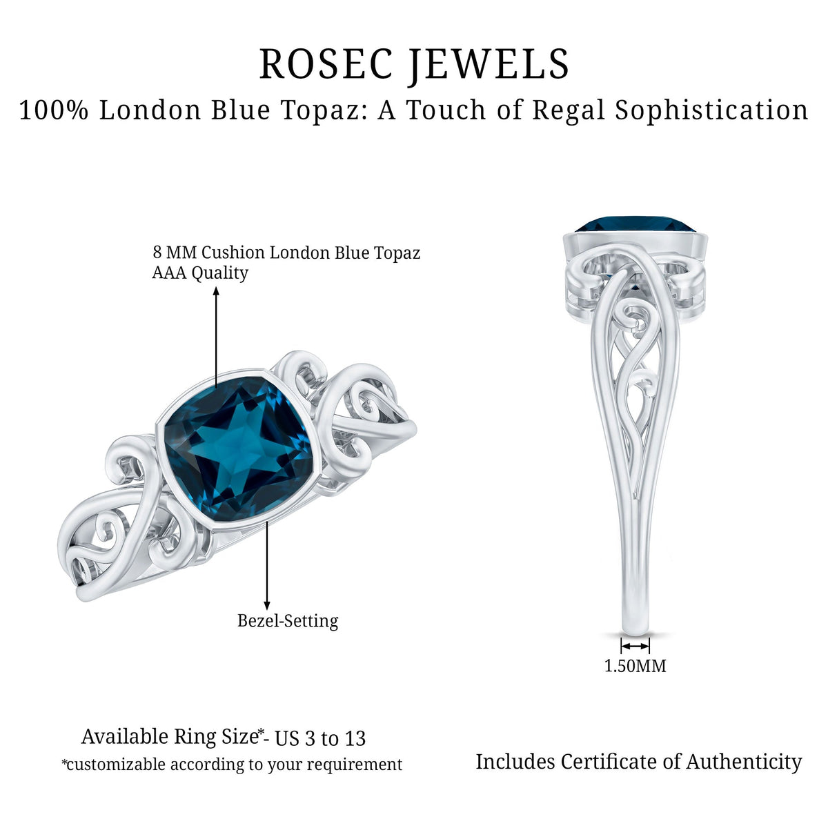 2.8 Carat Cushion Cut London Blue Topaz Vintage Solitaire Ring