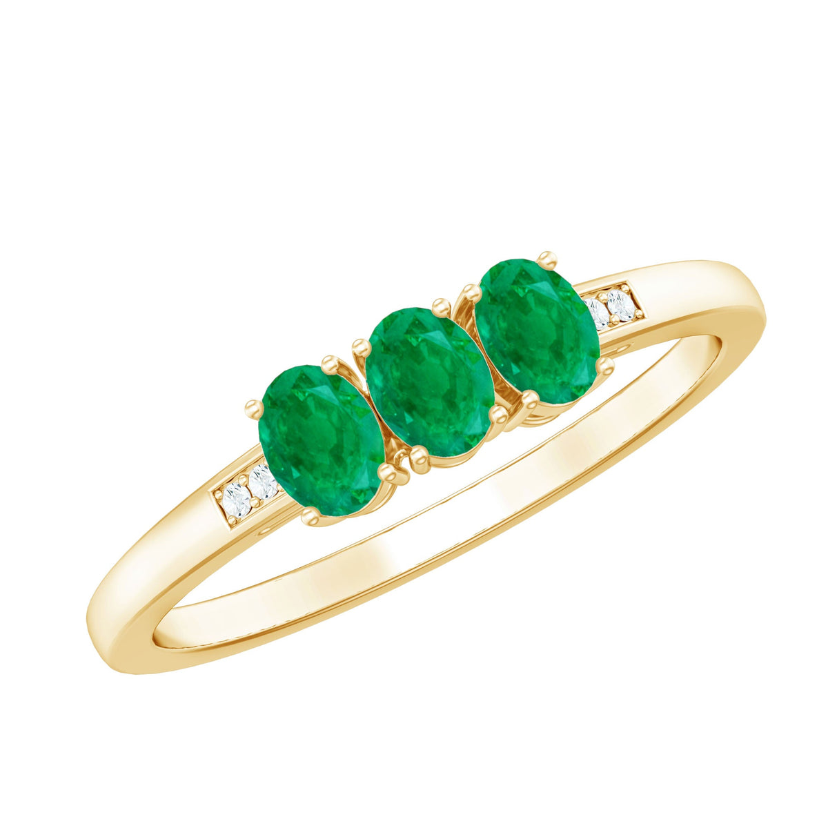 Certified Real Oval Emerald Three Stone Promise Ring with Diamond