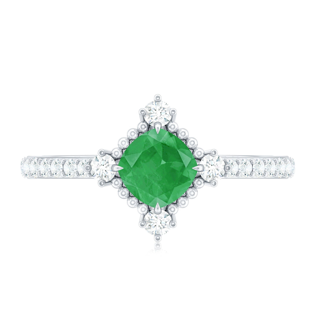 Antique Looking Real Emerald Cushion Cut Engagement Ring with Diamond