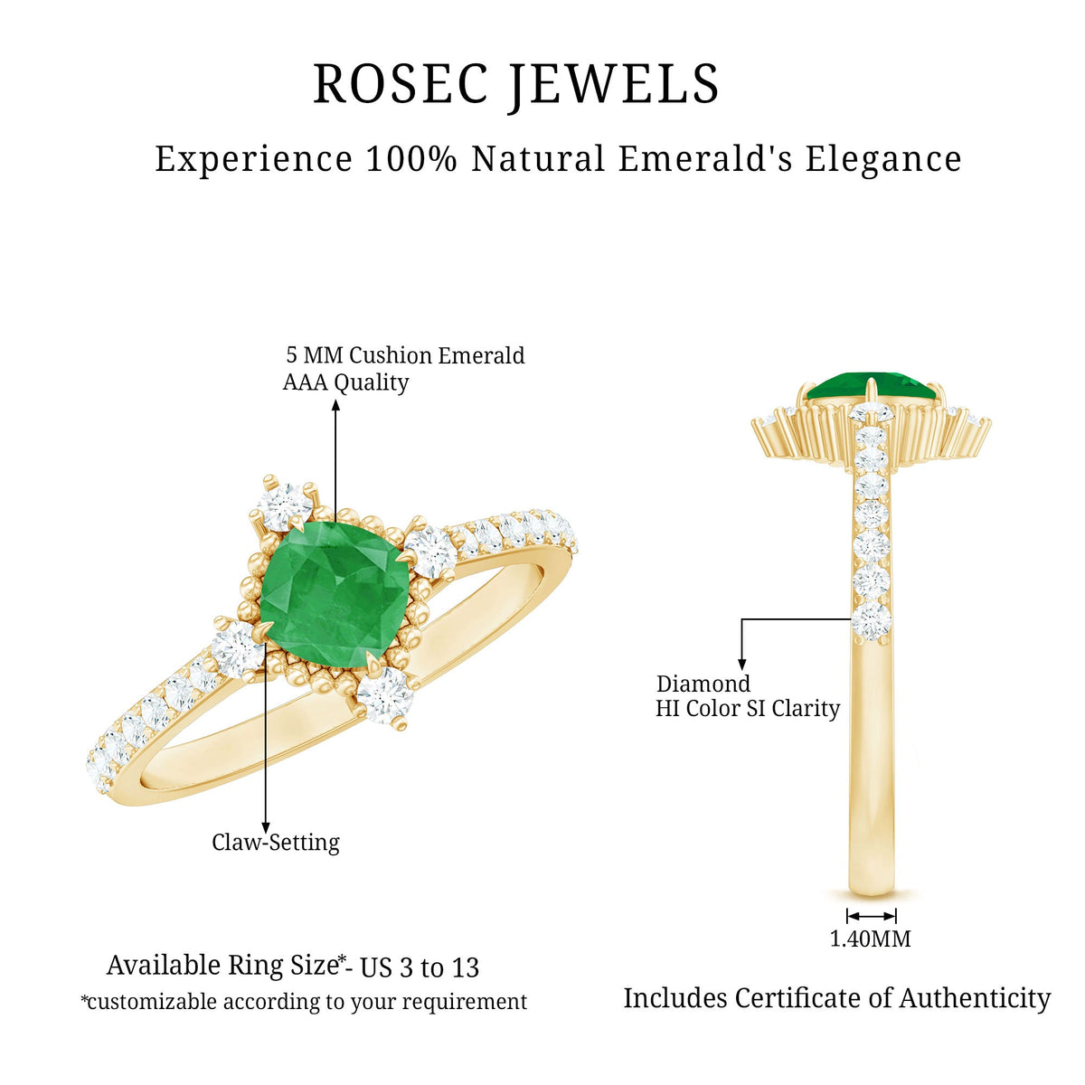 Antique Looking Real Emerald Cushion Cut Engagement Ring with Diamond