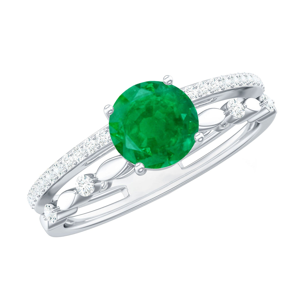 Classic Emerald Diamond Double Band Engagement Ring