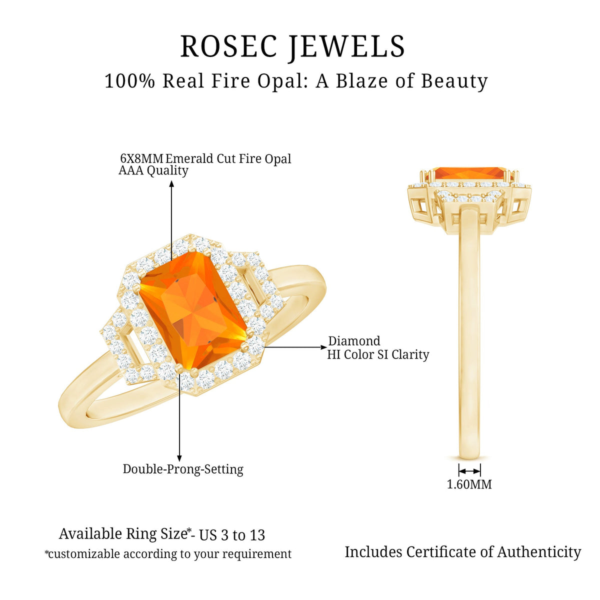 1 Carat Emerald Cut Fire Opal Engagement Ring with Diamond