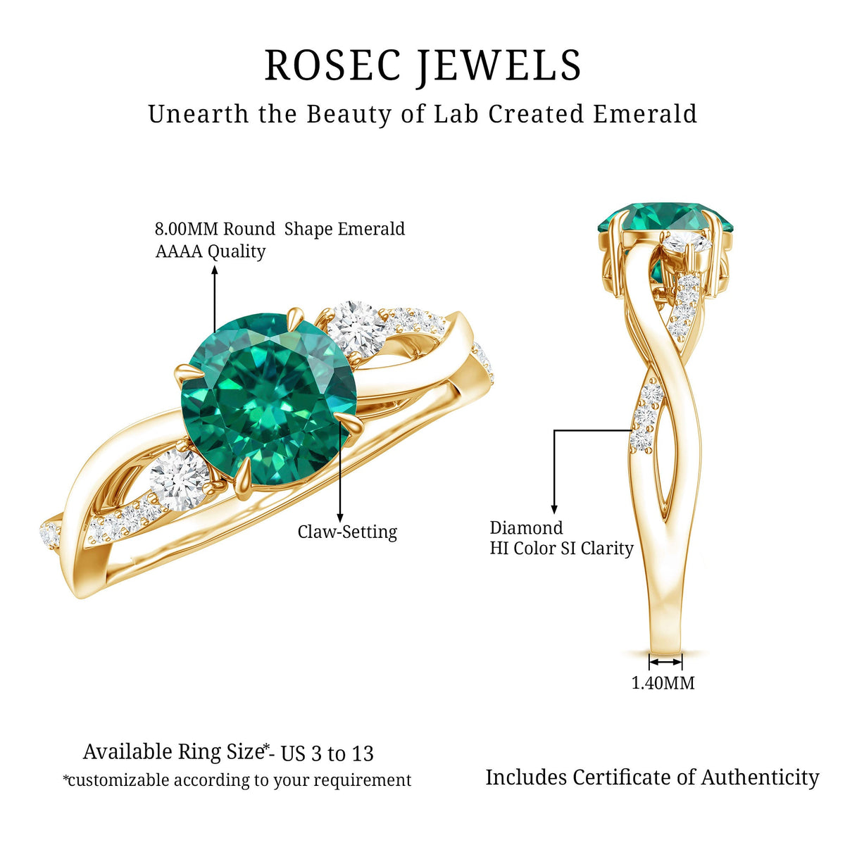 2 Carat Lab Grown Emerald and Diamond Engagement Ring with Crossover Shank
