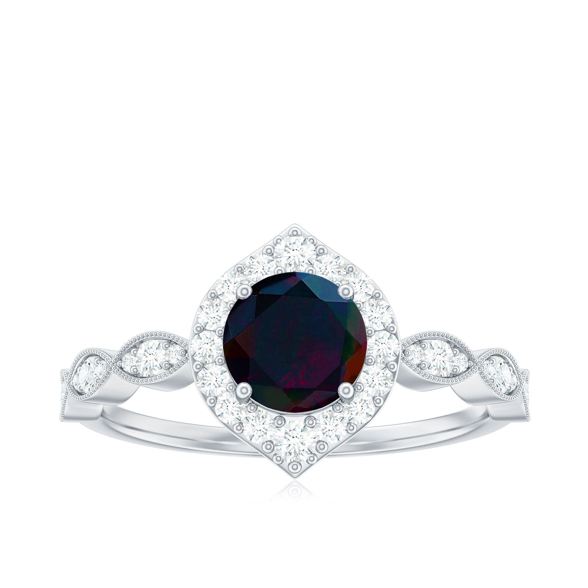 0.8 Carat Black Opal Vintage Engagement Ring with Diamond Accent