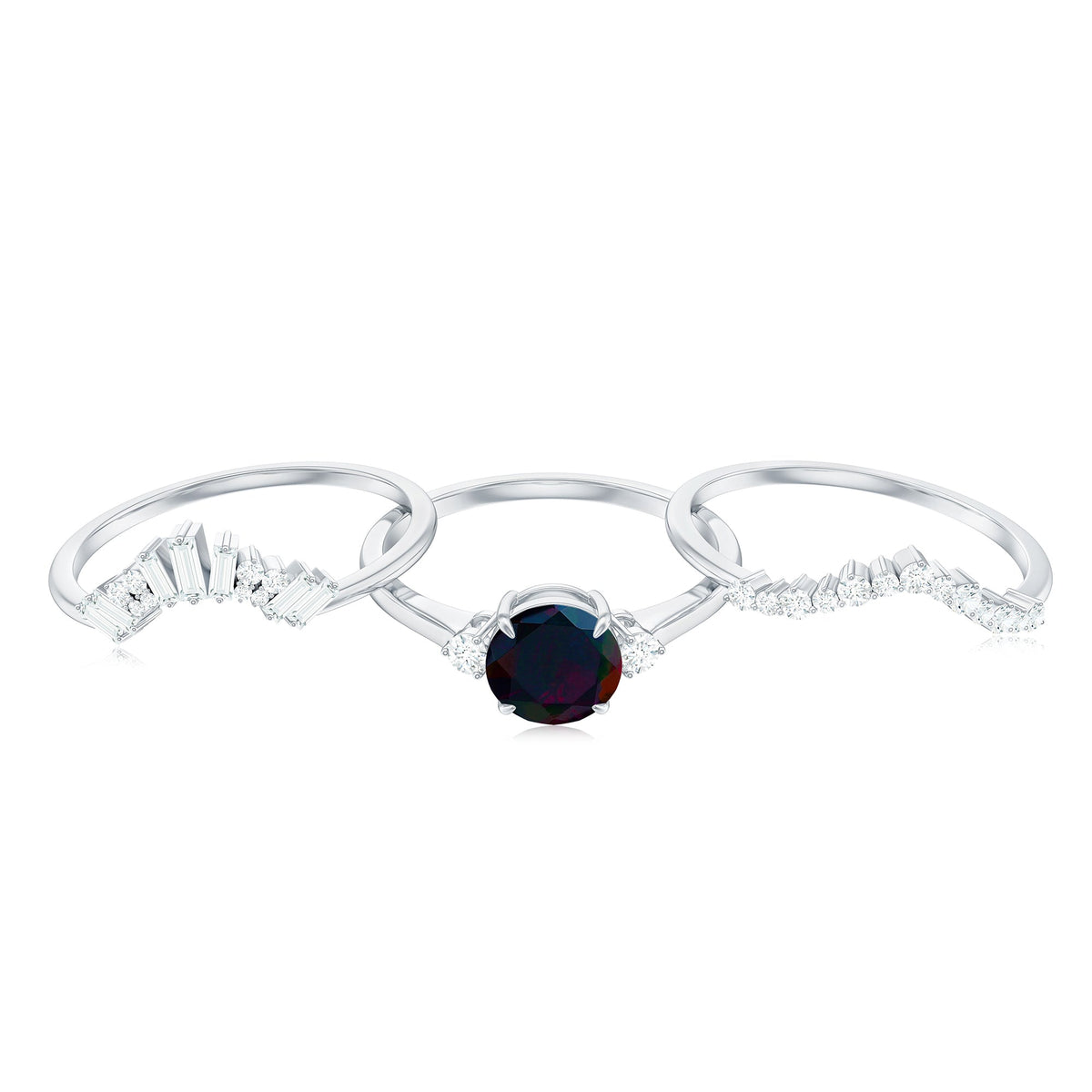 Black Opal Designer Trio Wedding Ring Set with Diamond