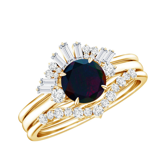 Black Opal Designer Trio Wedding Ring Set with Diamond