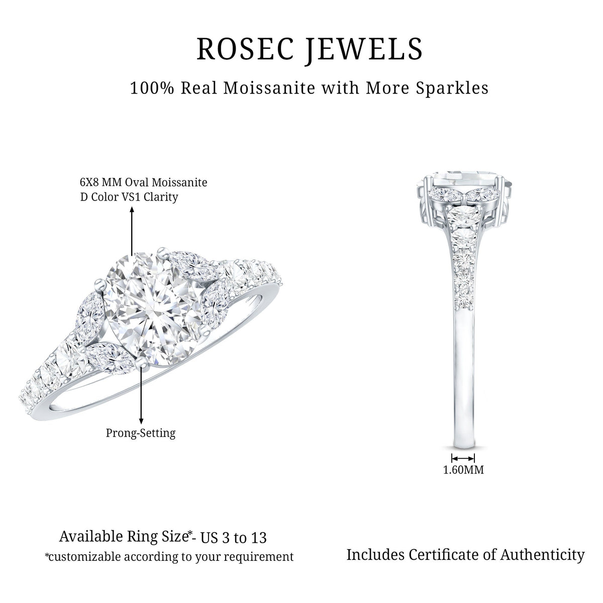 1.2 Carat Oval Moissanite Designer Engagement Ring in 14k Gold Plated Silver