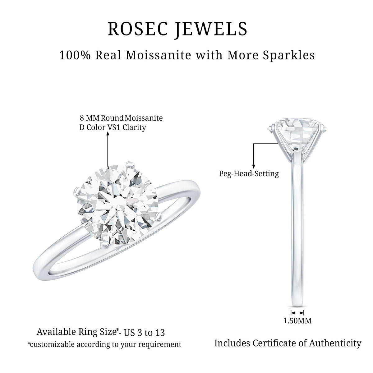 2 Carat Round Moissanite Solitaire Engagement Ring