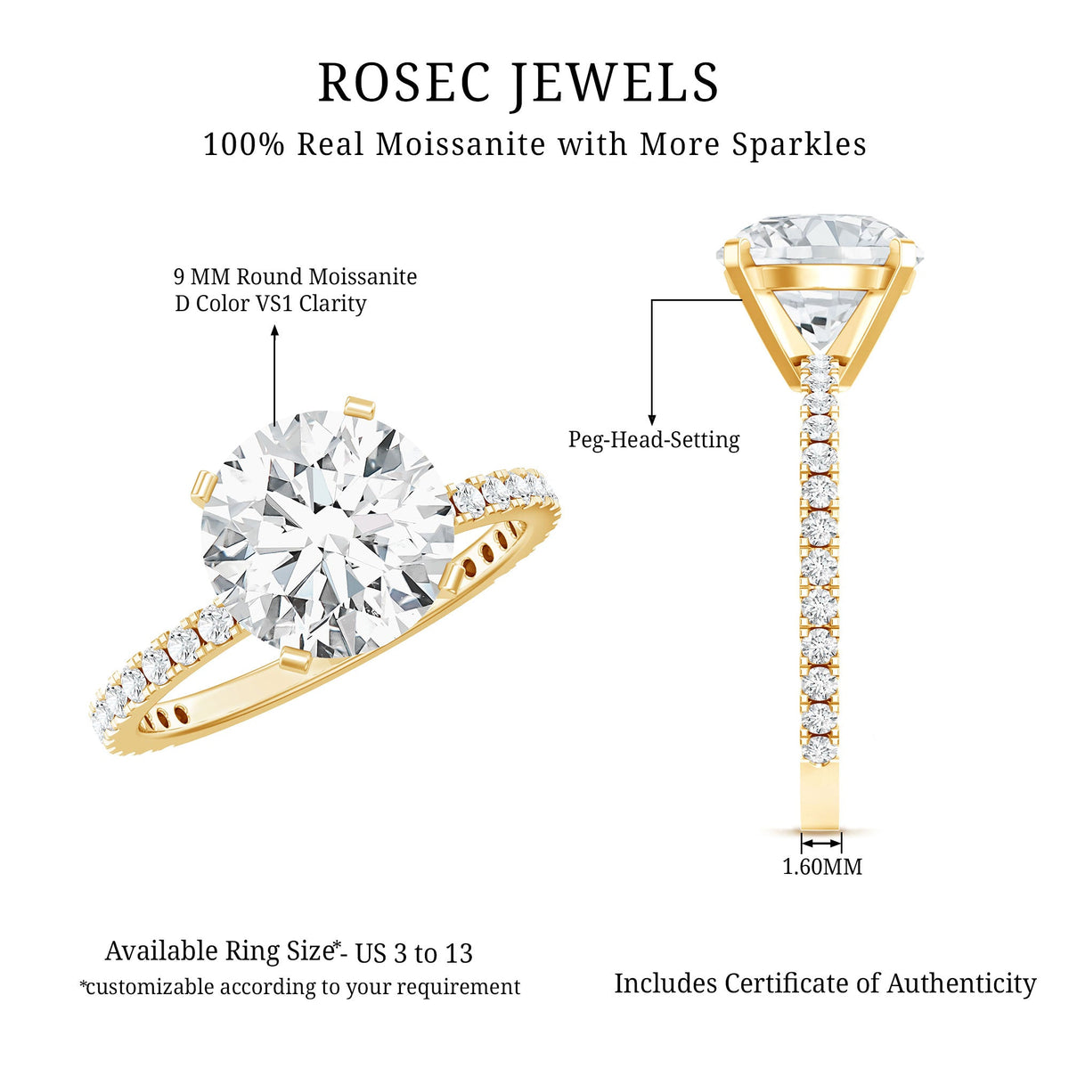 Certified Moissanite 3 Carat Engagement Ring with Side Stones