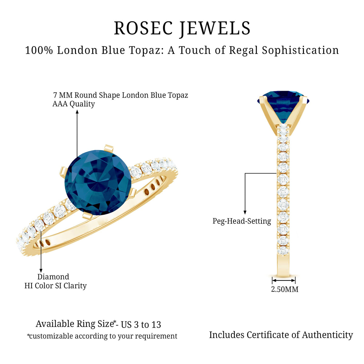 1.3 Carat Round London Blue Topaz Solitaire Ring with Diamond Side Stones