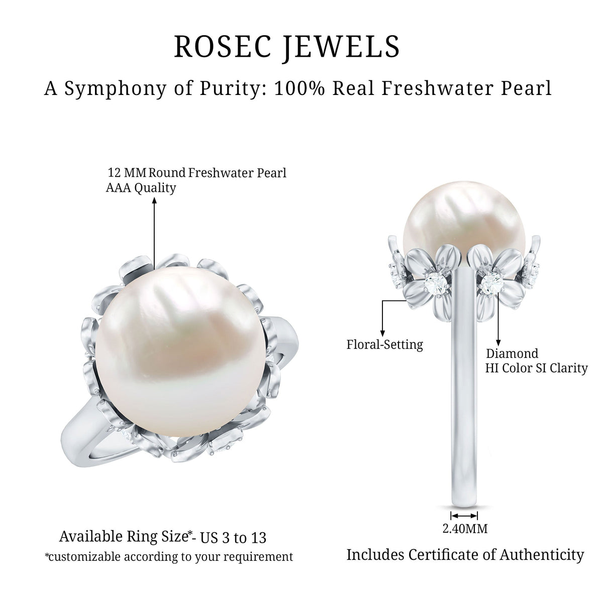 11 Carat Freshwater Pearl Flower Engagement Ring with Diamond