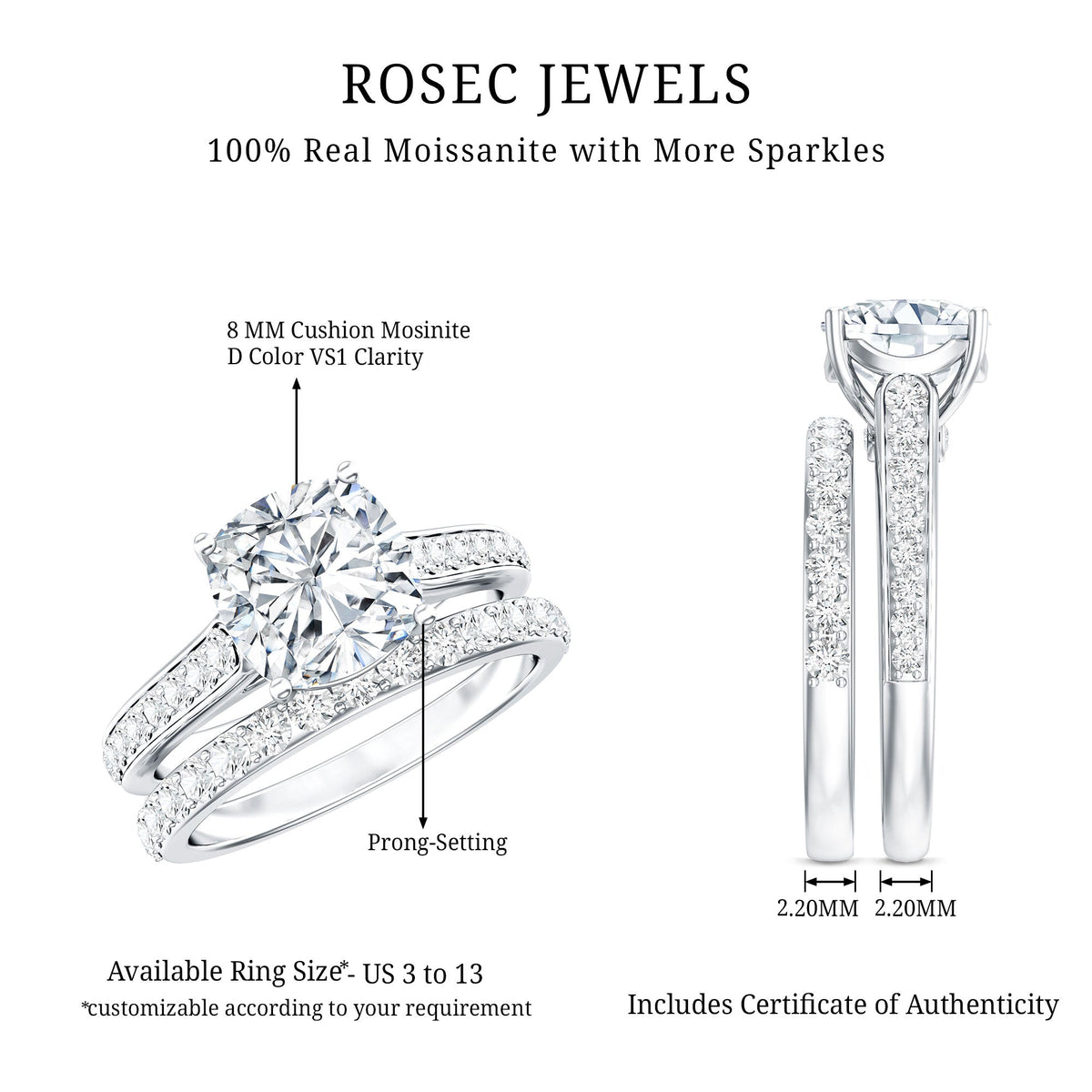 3 CT Cushion Cut Moissanite Solitaire Engagement Ring with Wedding Band