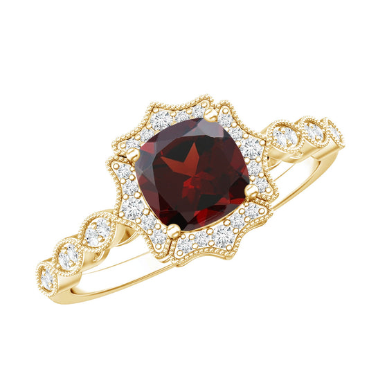 Vintage Looking 3 Carat Garnet Cushion Cut Engagement Ring with Diamond