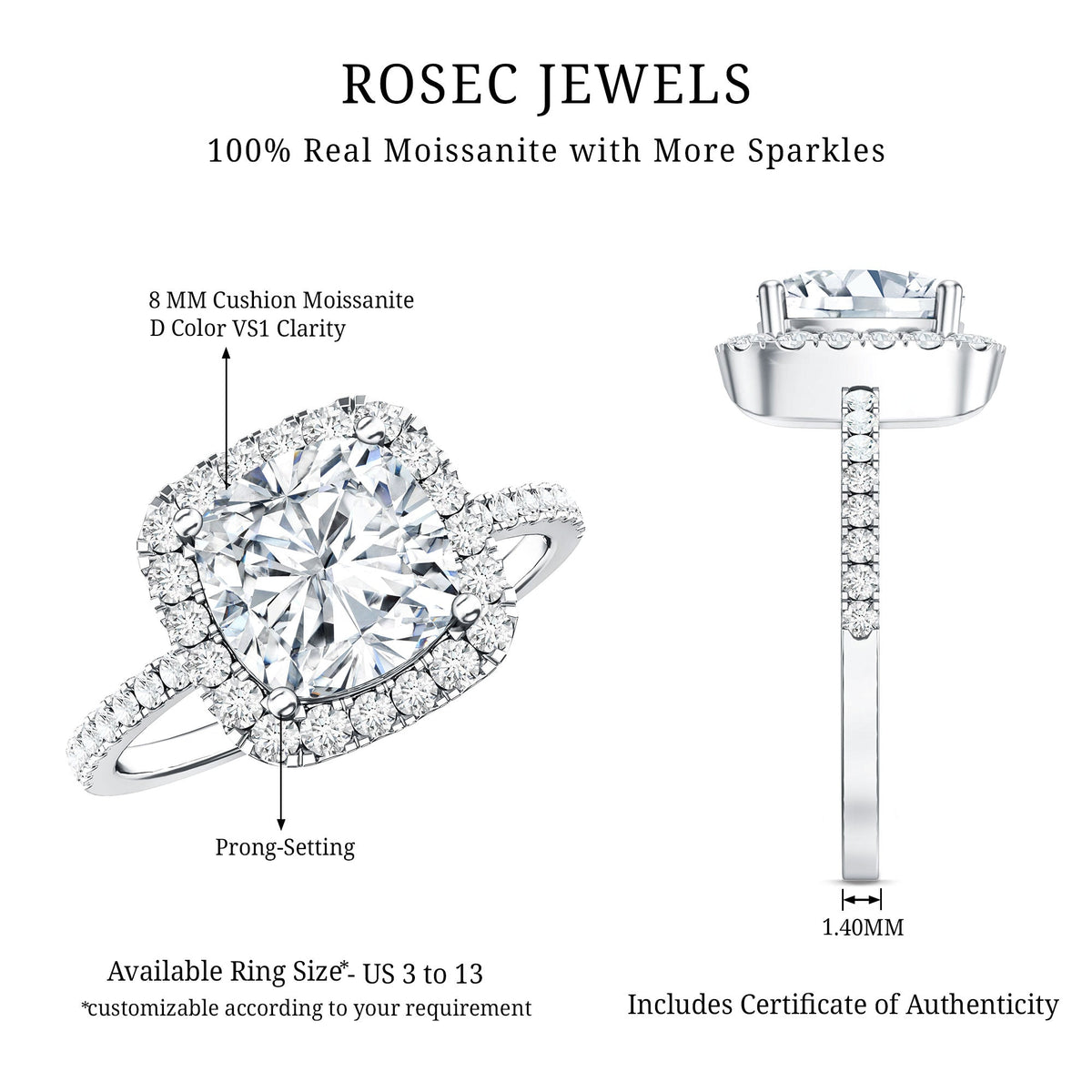 3 Carat Cushion Cut Moissanite Halo Engagement Ring for Women