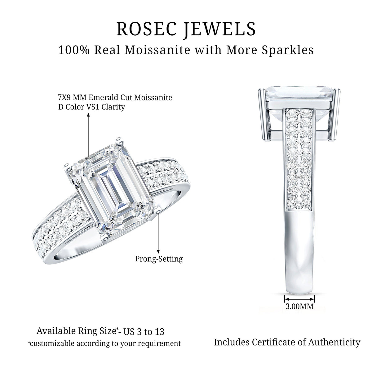 Emerald Cut Moissanite Engagement Ring with Double Row Band