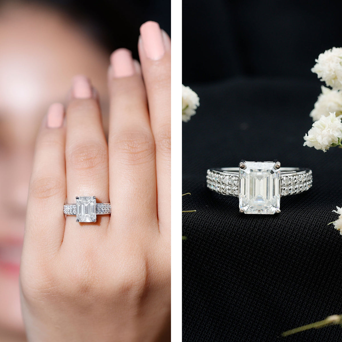 Emerald Cut Moissanite Engagement Ring with Double Row Band