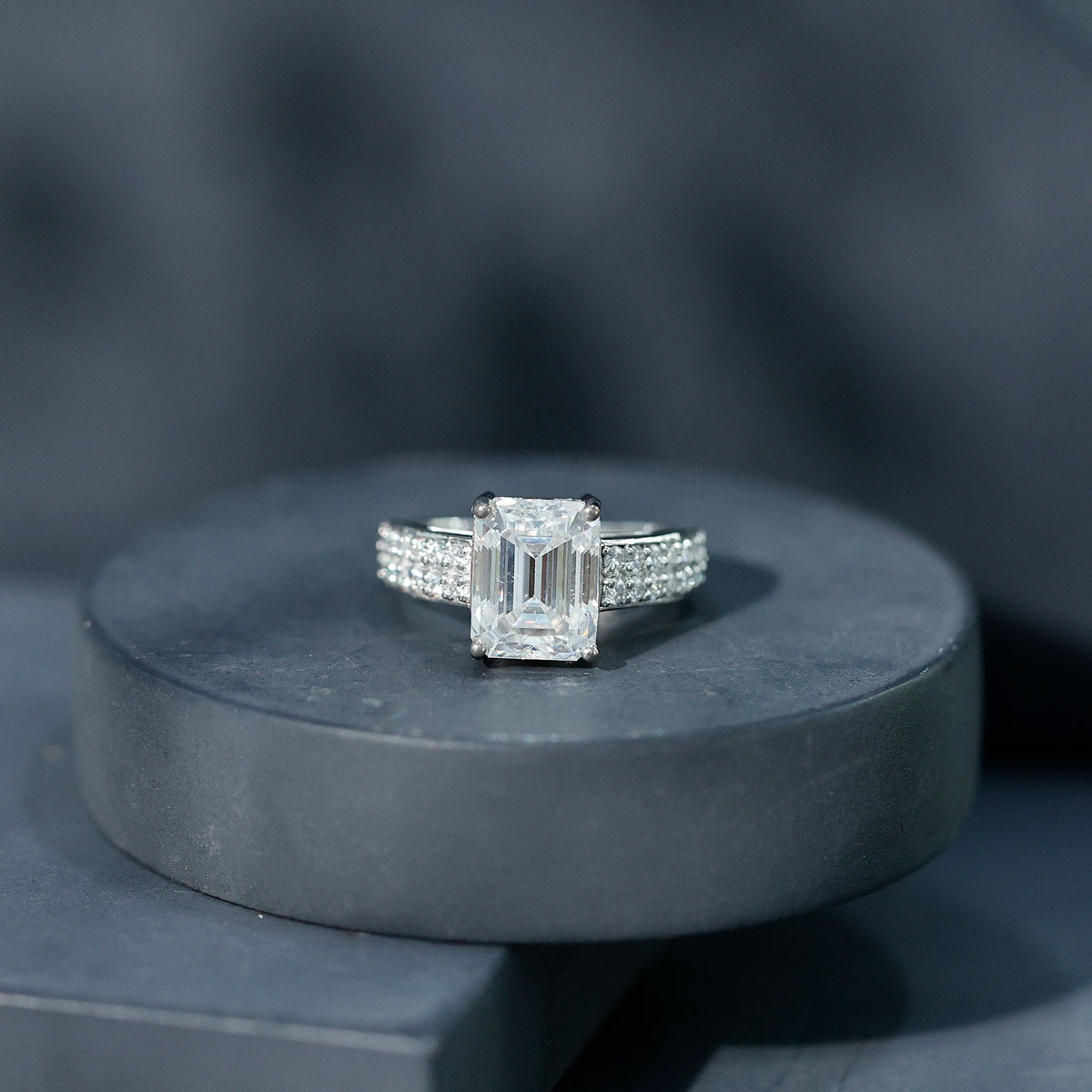Emerald Cut Moissanite Engagement Ring with Double Row Band