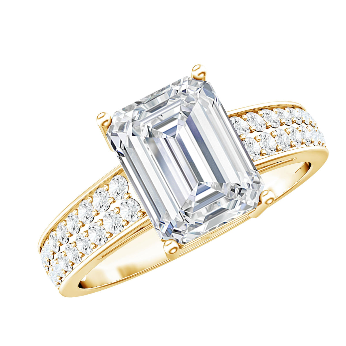 Emerald Cut Moissanite Engagement Ring with Double Row Band