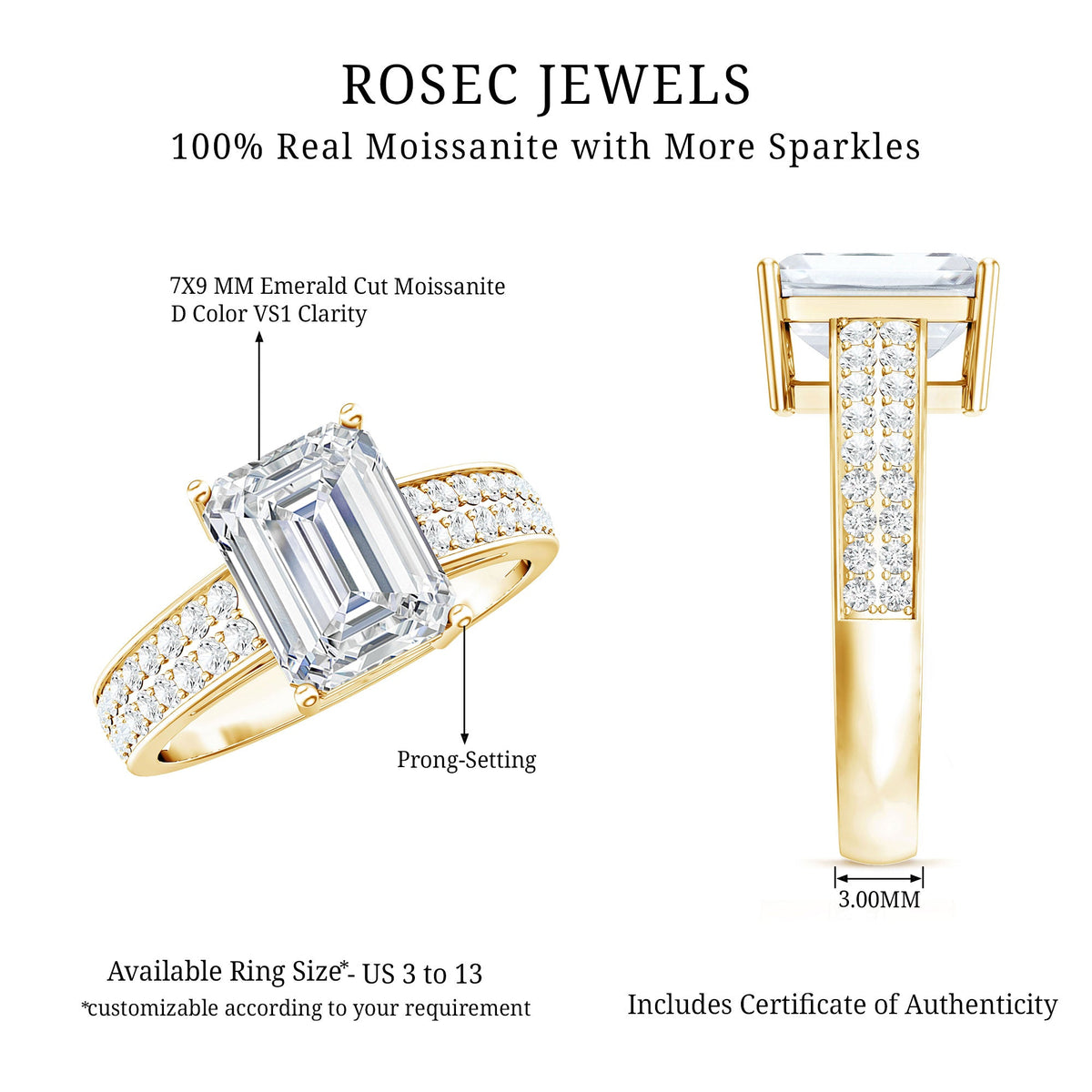 Emerald Cut Moissanite Engagement Ring with Double Row Band