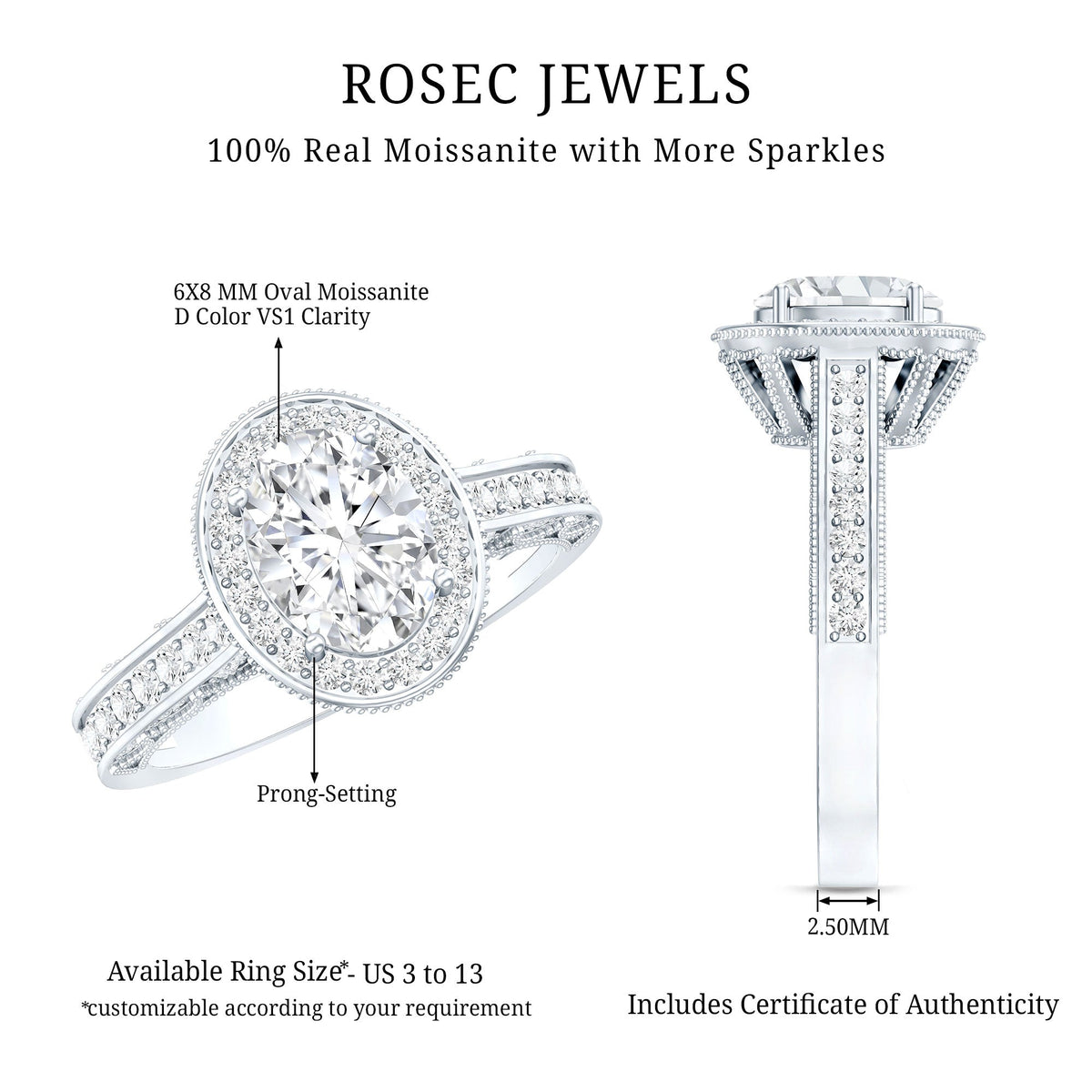 6X8 MM Oval Moissanite Victorian Engagement Ring with Halo