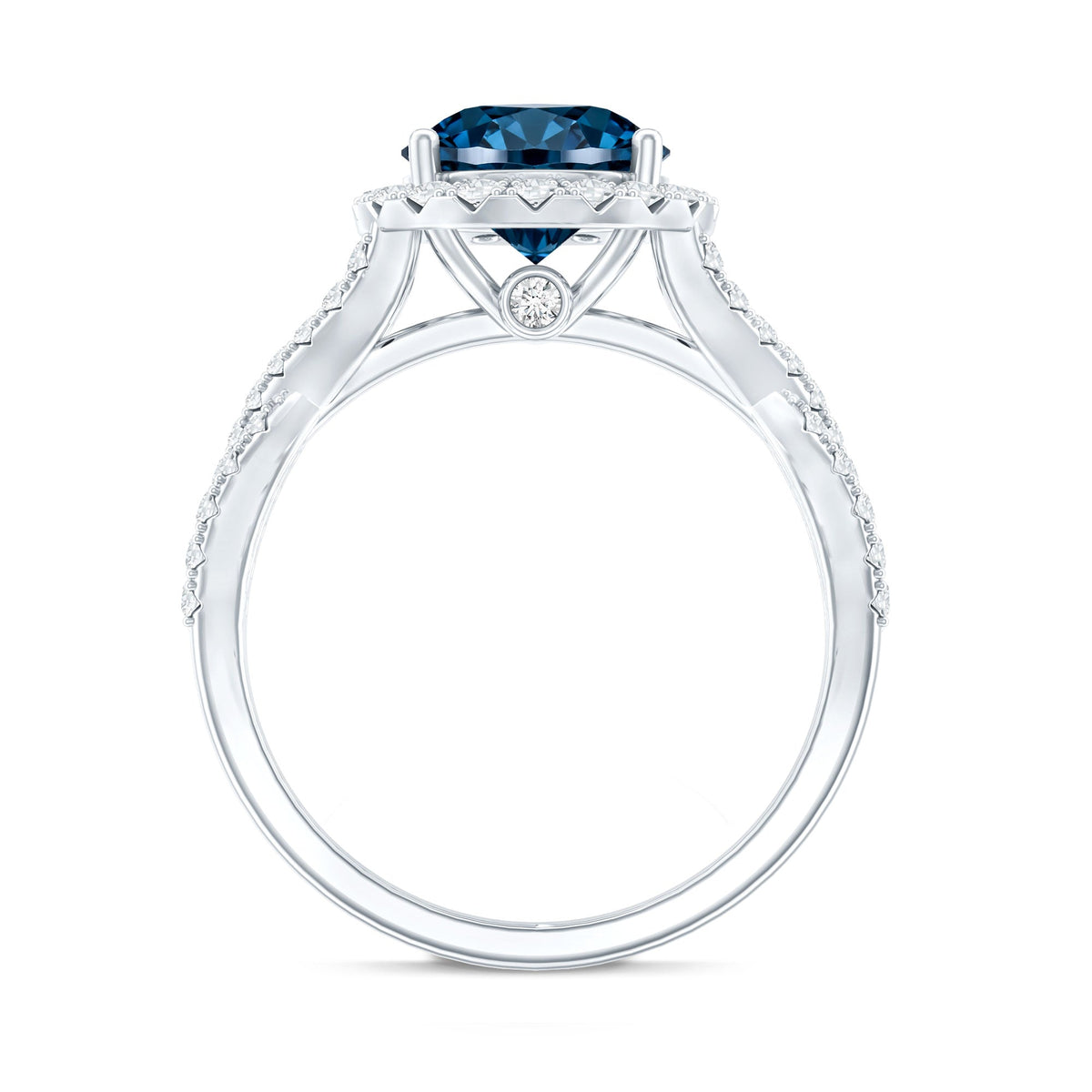 2 Carat Round London Blue Topaz Crossover Engagement Ring with Diamond Halo