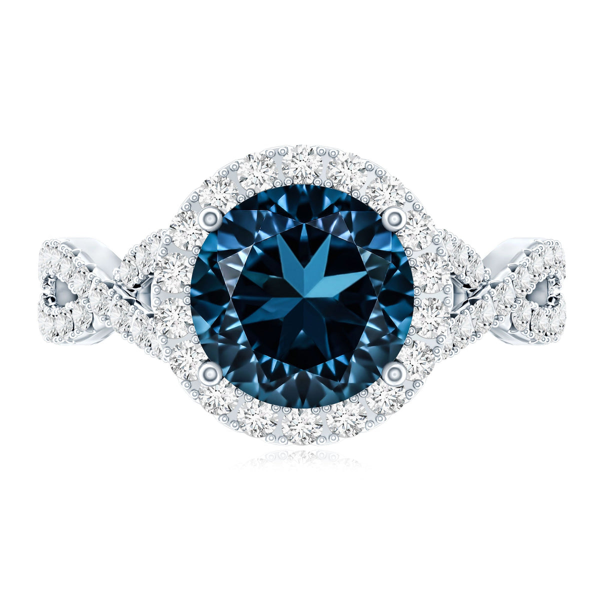 2 Carat Round London Blue Topaz Crossover Engagement Ring with Diamond Halo