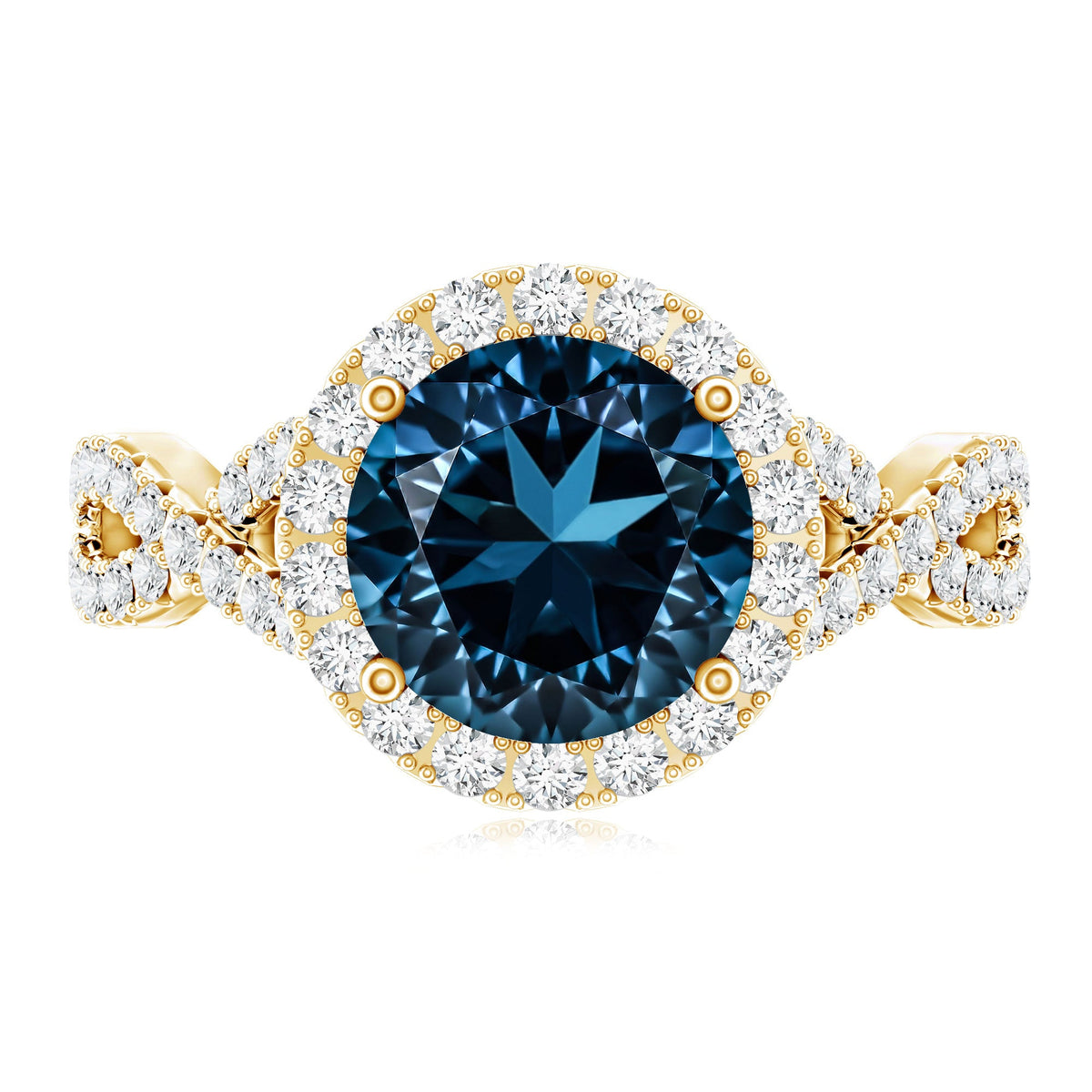2 Carat Round London Blue Topaz Crossover Engagement Ring with Diamond Halo