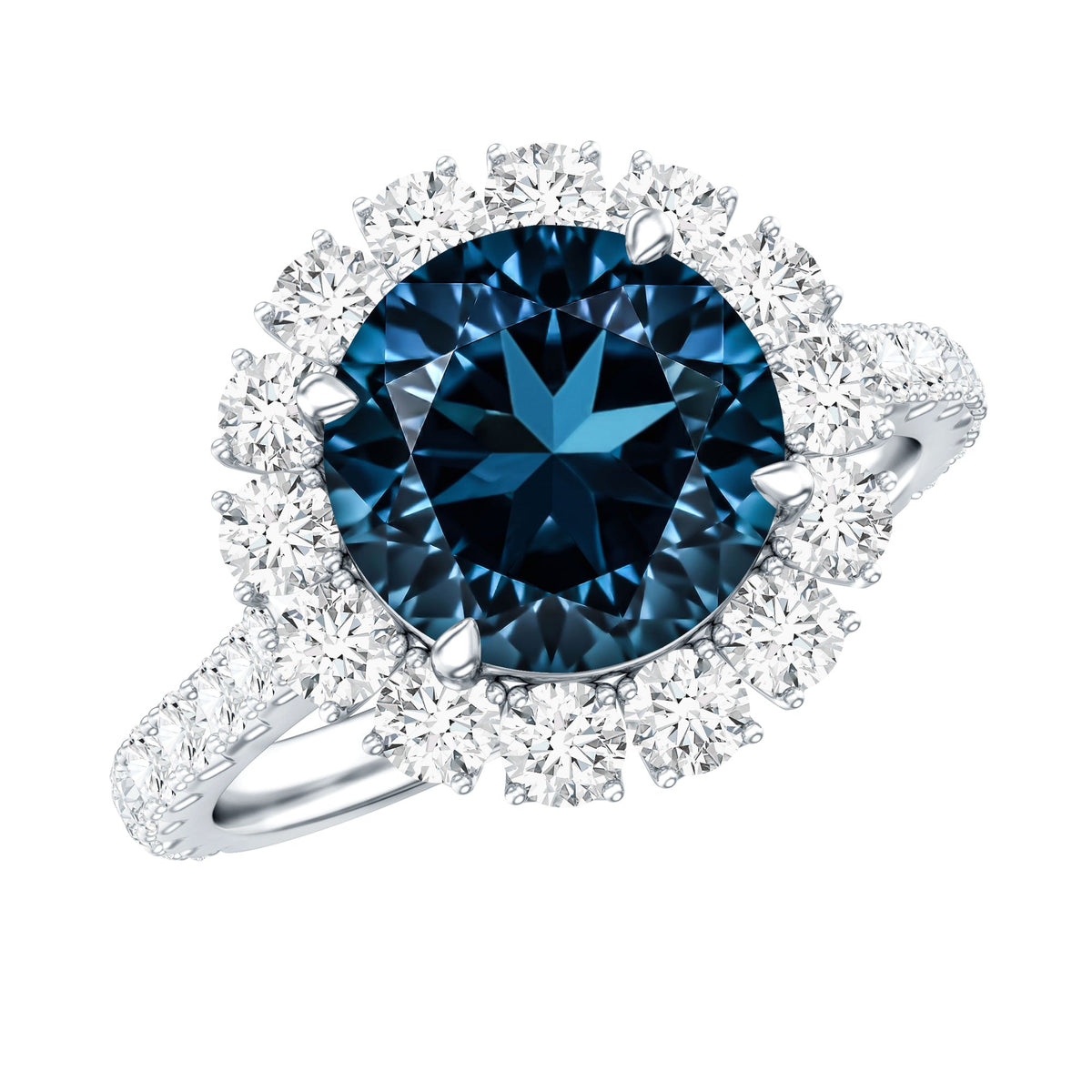 2 Carat Round London Blue Topaz Halo Engagement Ring with Moissanite