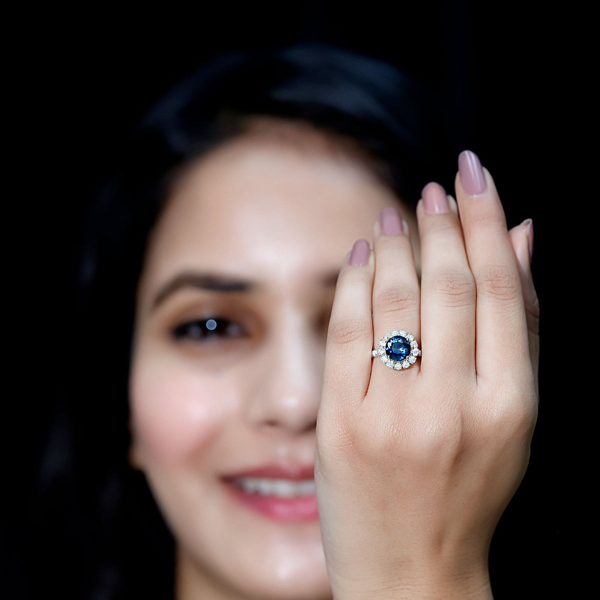 2 Carat Round London Blue Topaz Halo Engagement Ring with Moissanite
